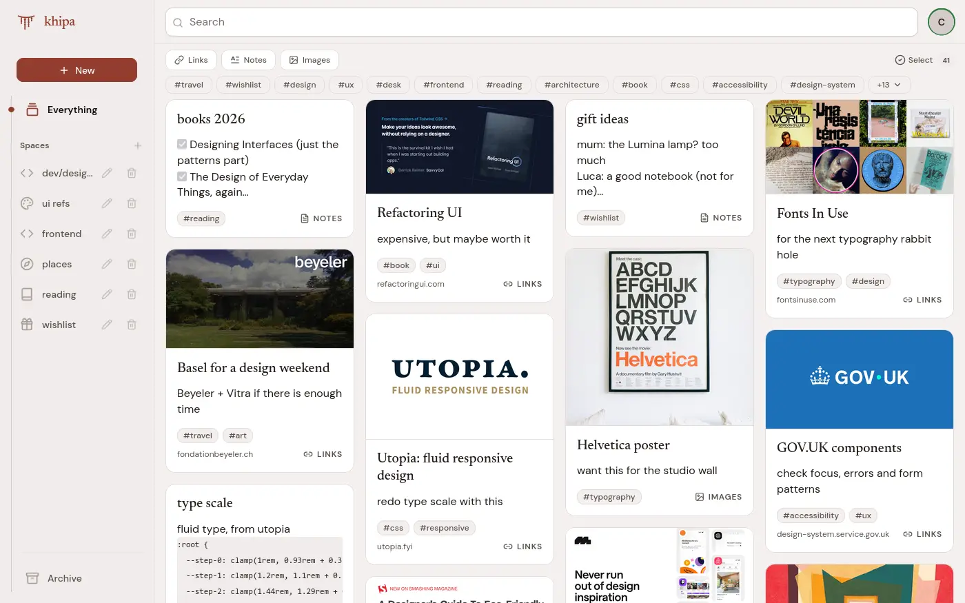 The khipa gallery showing saved links, notes and images